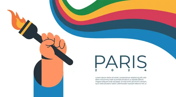Paris 2024. Renkli dalgalı şeritli meşale. Spor Oyunları. Düz vektör illüstrasyonu.