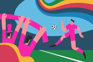 Paris 2024. Futbol oynayan ve renkli dalgalı çizgileri olan bir çocuk. Spor Oyunları 'nda olimpiyat taraftarı. Düz vektör illüstrasyonu.