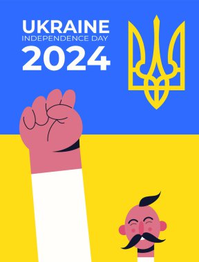 2024 Ukrayna Ulusal Günü. İnsanlı Ukrayna bayrağı. Pankart, arkaplan, poster ve diğerleri için Düz Vektör illüstrasyonu.