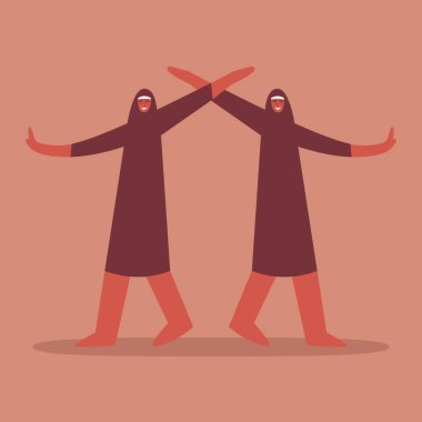 Dans eden iki Arap kadın. Çizgi film karakterleri. Dans hareketindeki soyut insanlar. Flört, aşk, ilişki, flört, eğlence, tutku konsepti. Düz vektör illüstrasyonu.