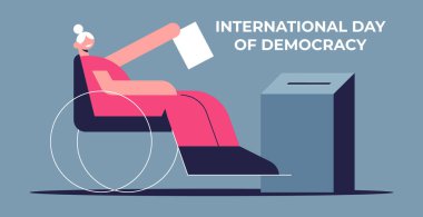 Uluslararası Demokrasi Günü, afiş, poster, sosyal medya paylaşımı. Yaşlı kadın 15 Eylül 'ü kutluyor. Eşitlik, çeşitlilik, dahil etme, seçimler ve oy kullanma hakları. Düz vektör illüstrasyonu.
