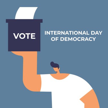 Uluslararası Demokrasi Günü. Afiş, poster, sosyal medya paylaşımı. Adam 15 Eylül 'ü kutluyor. Eşitlik, çeşitlilik, dahil etme, seçimler ve oy kullanma hakları. Düz vektör illüstrasyonu.