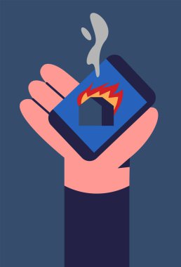 Burning house. Emergencies situations. Puts out fire in app. Flat vector illustration.