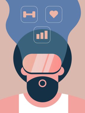 VR workout. High intensity interval training, palates, aerobic steps, relaxation sessions in VR. Get a full body digital workout. Flat vector illustration.