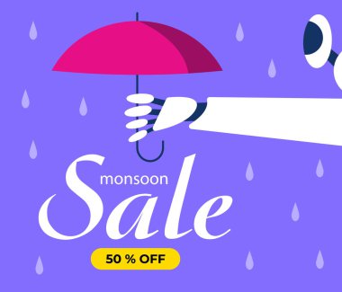 Muson Satış Bayrağı. Kırmızı şemsiyeli Al Robot Hand. Tasarım Arkaplan Şablonu. Çizgi film tarzında Düz Vektör İllüstrasyonu.