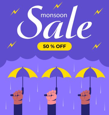 Muson Satış Bayrağı. Şemsiyeli İnsan Eller. Tasarım Arkaplan Şablonu. Çizgi film tarzında Düz Vektör İllüstrasyonu.