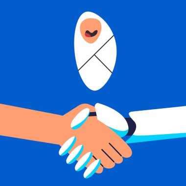 Yapay zeka robotu ve insanlı yeni doğmuş bir bebek. Çizgi film tarzında düz vektör illüstrasyonu.