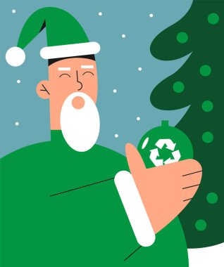 Çevre dostu yeşil Noel Baba Noel ağacına geri dönüşümlü malzemeden yapılmış hediyeler asıyor. Eko-Noel konsepti. Sürdürülebilir gelişim ve teknoloji. Düz vektör illüstrasyonu.