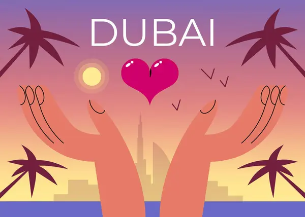 Gün batımında palmiye ağaçları ve plajla Dubai silueti. Eller ve ayaklar. Arka planda gökdelenlerin renkli siluetleri Sail Hotel ve Burj Khalifa. Çizgi film tarzında düz vektör illüstrasyonu.