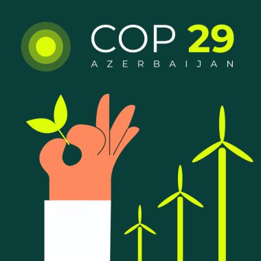 COP29 Bakü, Azerbaycan, Kasım 2024. Yıllık Birleşmiş Milletler iklim değişikliği konferansı. Uluslararası iklim zirvesi afişi. Küresel Isınma. Düz vektör illüstrasyonu.