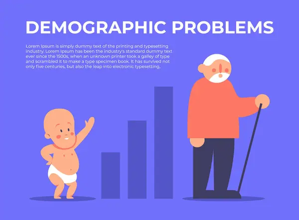 stock vector Demographic problems. Diagram, kid and old man. Increase in the number of old population, aging of the nation, reduced number of newborns, decrease in fertility. Flat vector illustration.