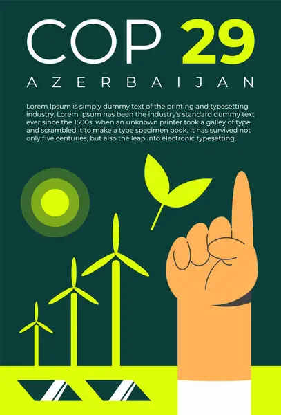 COP29 Bakü, Azerbaycan, Kasım 2024. Yıllık Birleşmiş Milletler iklim değişikliği konferansı. Uluslararası iklim zirvesi afişi. Nokta atışı. Düz vektör illüstrasyonu.