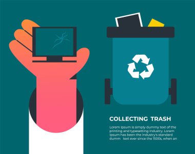 Özel çöp kutusunda çeşitli elektronik atıklar var. El çöpü sepete atıyor. Geri dönüşüm konsepti. Çöp ve öğütücülerle dolu geri dönüşüm konteynırları. Düz vektör illüstrasyonu.