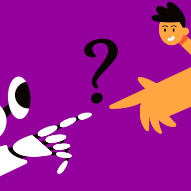 Kafası karışmış insan ve robot şüpheli, belirsizlik. Seçim, ikilem, karar verme kavramı. Karar, seçenekler arasında seçim yapmak, sorular sormak, isteklerde bulunmak. Düz vektör illüstrasyonu.