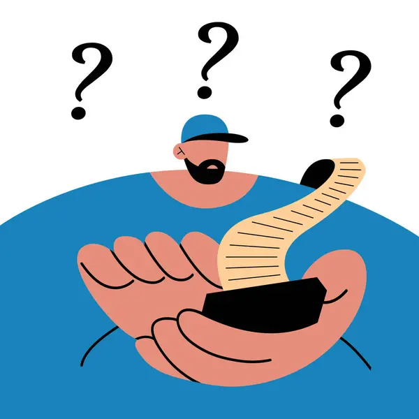 Kafası karışmış bir adam, web haberlerinde belirsizlik. Seçim, ikilem, karar verme kavramı. Karar, seçenekler arasında seçim yapmak, sorular sormak, isteklerde bulunmak. Düz vektör illüstrasyonu.