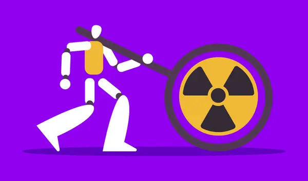 Nükleer enerji santrali yapay zeka robotları kullanıyor. Elektrik, kimyasal enerji, sanayi tesisleri. Yapay zekayla nükleer füzyon. Çizgi film tarzında düz vektör illüstrasyonu.