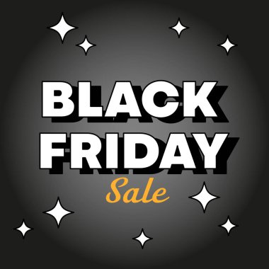 Retro Kara Cuma Satışı. Altın efektli metin ve koyu arkaplanda yıldızlar. Pankart, kart ve poster tasarımı. Düz Vektör çizgi film illüstrasyonu.