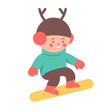 Noel geyiği kostümü giymiş, Noel 'i snowboard' da kutlayan cinsiyetsiz bir karakter. Hildren 'in Noel karakteri. Çizgi film tarzında düz vektör illüstrasyonu.