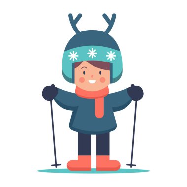 Noel geyiği kostümü içinde gülen kız, Noel 'i kayaklarla kutluyor. Hildren 'in Noel karakteri. Çizgi film tarzında düz vektör illüstrasyonu.