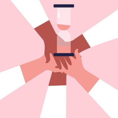 Toplum insanlarının elleri ile kum saati. Zaman yönetimi konsepti, hızlı tepki. Düz vektör illüstrasyonu.