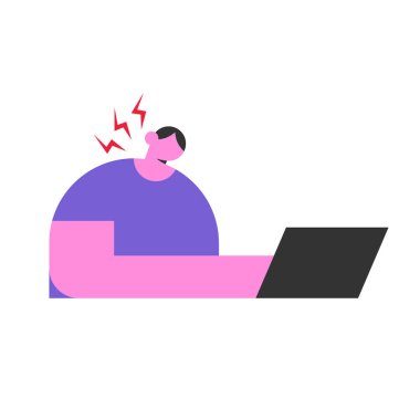 Dizüstü bilgisayarla çalışan boynu ağrıyan adam. Düz vektör çizimi beyaz arkaplanda izole edildi.