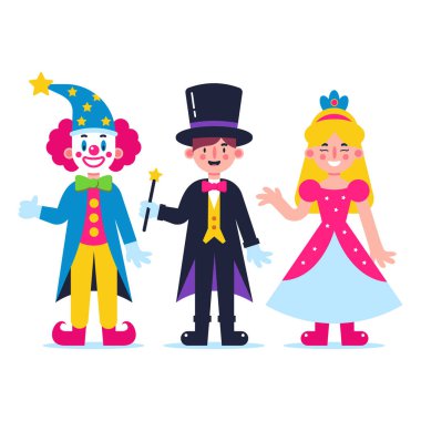 Sevimli Çizgi film Karakteri seti. Palyaço sihirbaz ve prenses. Düz vektör çizimi beyaz arkaplanda izole edildi.