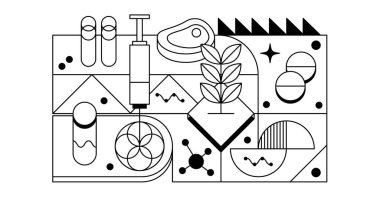 Biyoteknoloji ve bilimsel araştırma unsurlarını içeren minimalist doğrusal illüstrasyon. Bitkiler, moleküller, test tüpleri, şırıngalar, çizelgeler ve soyut formlar gibi bileşenleri içerir.