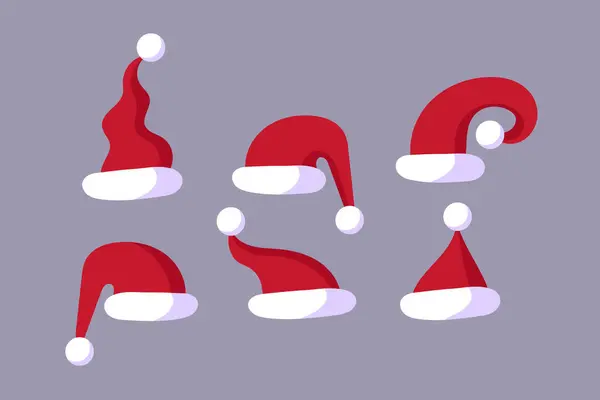 Kırmızı Noel Baba Şapkaları koleksiyonu gri arka planda izole edilmiş. Xmas 2025 'in tatil şapkası. Çizgi film tarzında Düz Vektör İllüstrasyonu.