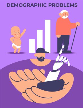 Demographic problems in app. Increase in the number of old population, aging of the nation, reduced number of newborns, decrease in fertility, mortality outweighs fertility. Flat vector illustration. clipart