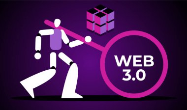 Web 3.0 Teknoloji AI Robot ile pankart tasarladı. Alçak kod platformu. Metinli Düz Vektör illüstrasyonu.