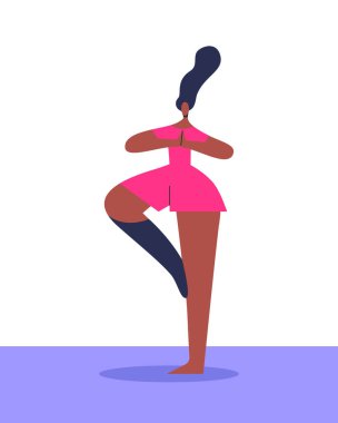 Engelli sporcu kız spor salonunda yoga yapıyor. Çizgi film tarzında düz vektör illüstrasyonu.