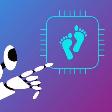 Yapay zeka robotuyla dijital iz. Biyometrik kimlik koruması. Araştırmalar ve izler. Ayak izi takip çipi. Yüksek teknoloji teknolojileri. Düz vektör illüstrasyonu.