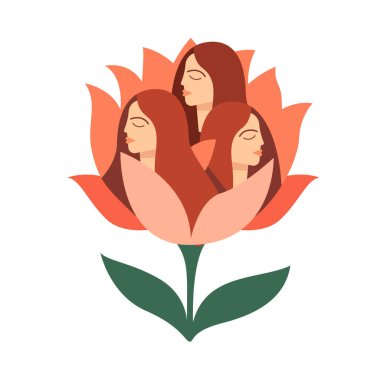 Güzel kadın yüzleriyle çiçek açıyor. Güzel kadın portreleri olan çiçekler. Şirin genç bayanlar. Şık karakterler. Soyut modern sanat. Düz vektör illüstrasyonu.