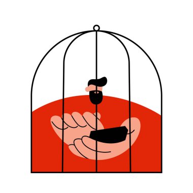 Dijital kölelik. Adam kafeste oturup telefonuyla internette geziniyor. Bir erkek için özgürlüğün kısıtlanması. Düz vektör illüstrasyonu.