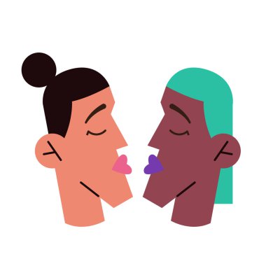 LGBT 'den iki kız. Sevimli genç kadınlar. Bir çift romantik partner buluşması. Homoseksüel ilişki. Düz vektör biçiminde Sevgililer Günü illüstrasyonu.