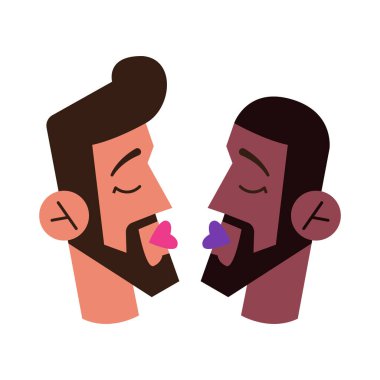 LGBT 'den iki adam. Sevimli genç erkekler. Bir çift romantik partner buluşması. Erkeklerin homoseksüel ilişkisi. Düz vektör biçiminde Sevgililer Günü illüstrasyonu.