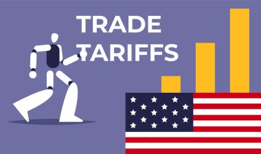 Ekonomik bir anlaşmazlık olarak AB gümrük vergileri ve gümrük vergileri ile ABD arasındaki ticaret savaşı. Ai Robot ve ekonomi grafiği. Düz vektör illüstrasyonu.