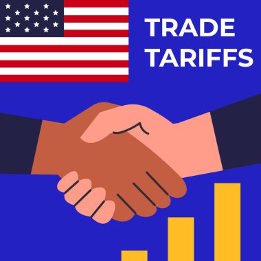 Ekonomik bir anlaşmazlık olarak AB gümrük vergileri ve gümrük vergileri ile ABD arasındaki ticaret savaşı. Farklı insanlarla tokalaş. Düz vektör illüstrasyonu.