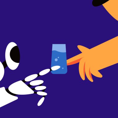 Oğlan ve robot temiz su içiyorlar. Saf su ile sağlıklı su. Camlı karakterler. Beyaz arkaplanda düz vektör illüstrasyonu.