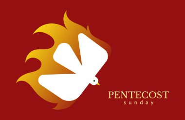 Ruhla doldur. Pazar günü pentekost. Efesliler 5: 18. Kutsal Ruh alev ve metin içinde güvercin, Pentecost ibadet servisi için davetiye tasarımı. Düz afiş vektör illüstrasyonu.