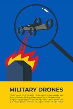 Dronlar arıyor, uzaktan kumandalı uçan kuadkopterler. İnsansız Ukrayna hava araçları. Elektronik kuadkopterler. Yapay zekayla robot helikopter kavramı. Düz vektör illüstrasyonu.