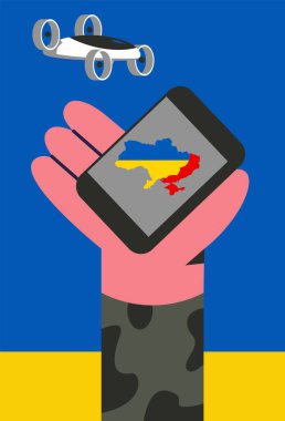 Ukrayna 'nın vektör haritası ve insansız hava aracıyla Rusya' nın işgal ettiği bölgeler. Eyalet bayrağı. Düz vektör illüstrasyonu.