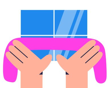 Ev elden temizleniyor. Pencereyi bezle siliyorum. Yüzey tozu temizliği. Düz vektör illüstrasyonu.