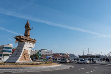 Yeosu, South Korea - February, 2023 : A view of Yi Sun-sin Square in Yeosu, Jeollanam-do, South Korea, built in honor of Admiral Yi Sun-sin.