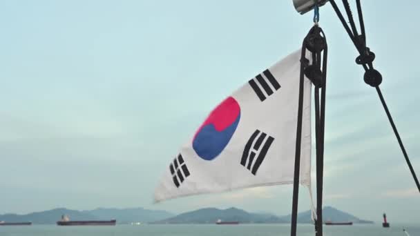 Korean Flag Cruise Ship Swaying Wind — Stock video