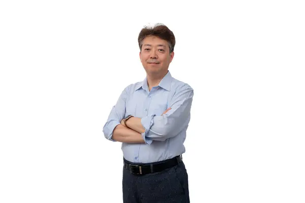 Portret Azjatyckiego Biznesmena Średnim Wieku Niebieskiej Koszuli — Zdjęcie stockowe