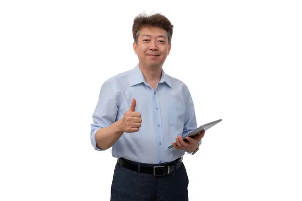 Porträtt Medelålders Asiatisk Affärsman Årsåldern Blå Skjorta — Stockfoto