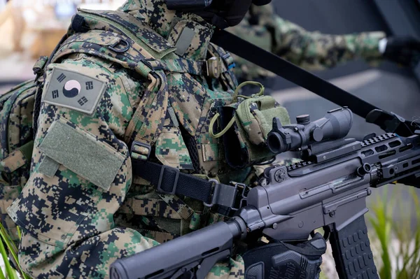 Nahaufnahme Eines Soldaten Militäruniform Mit Koreanischer Flagge Stockbild
