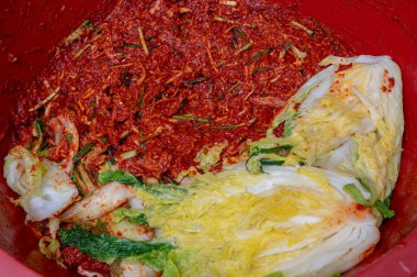 Geleneksel Kore yemeği yapma süreci, kimchi. Tuzlu lahana ve kimchi için baharat yakın plan.