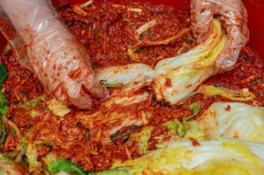 Geleneksel Kore yemeği yapma süreci, kimchi. Tuzlu lahanaya çeşitli baharatlar ekleyerek lahana kimchi yapan bir kadının yakın çekimi.